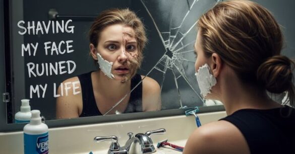 A woman with shaving cream on her chin looks shocked in a cracked bathroom mirror. Text reads, "Shaving my face ruined my life." The scene feels tense and dramatic.