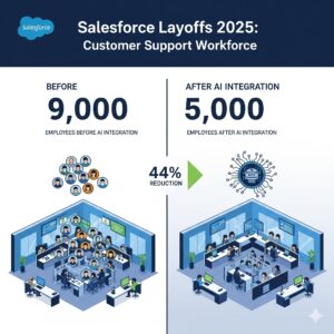 Salesforce Layoffs 2025: Customer Support Workforce" illustrates a 44% reduction from 9,000 to 5,000 employees after AI integration, depicting crowded vs. less crowded call centers.